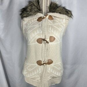 Pink Rose Tan White Sherling Lined Faux Fur Collar Toggle Closure Vest Sz Small